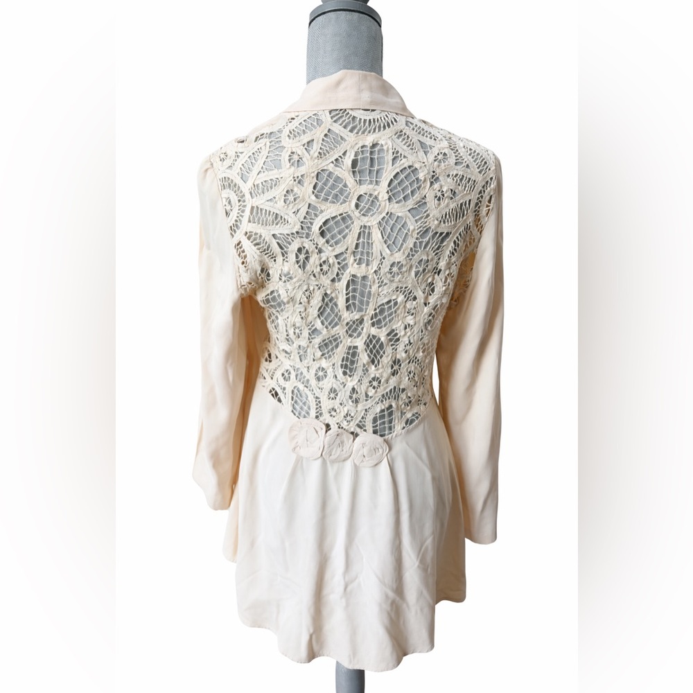 Cream Crochet Lace Back Draped Rosette Open Front Jacket S/M